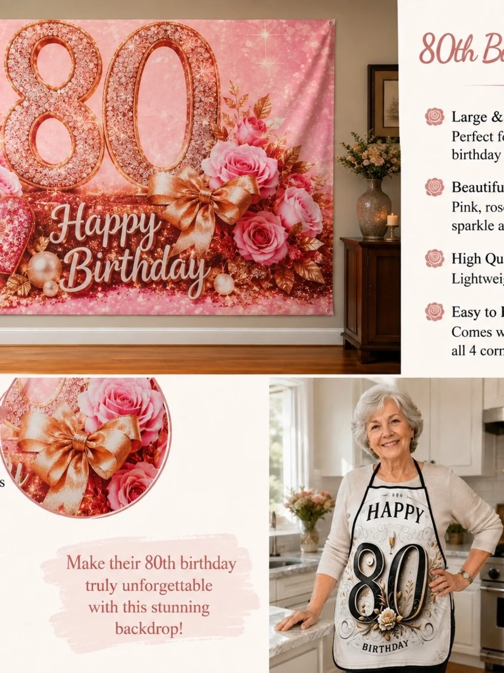 80th Birthday Pink Floral Banner & Apron Set - Happy Birthday